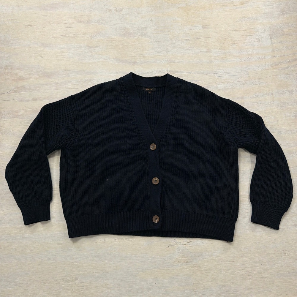 Quince Cardigan 100% Organic Cotton Fisherman Boxy Cropped Medium Navy Women